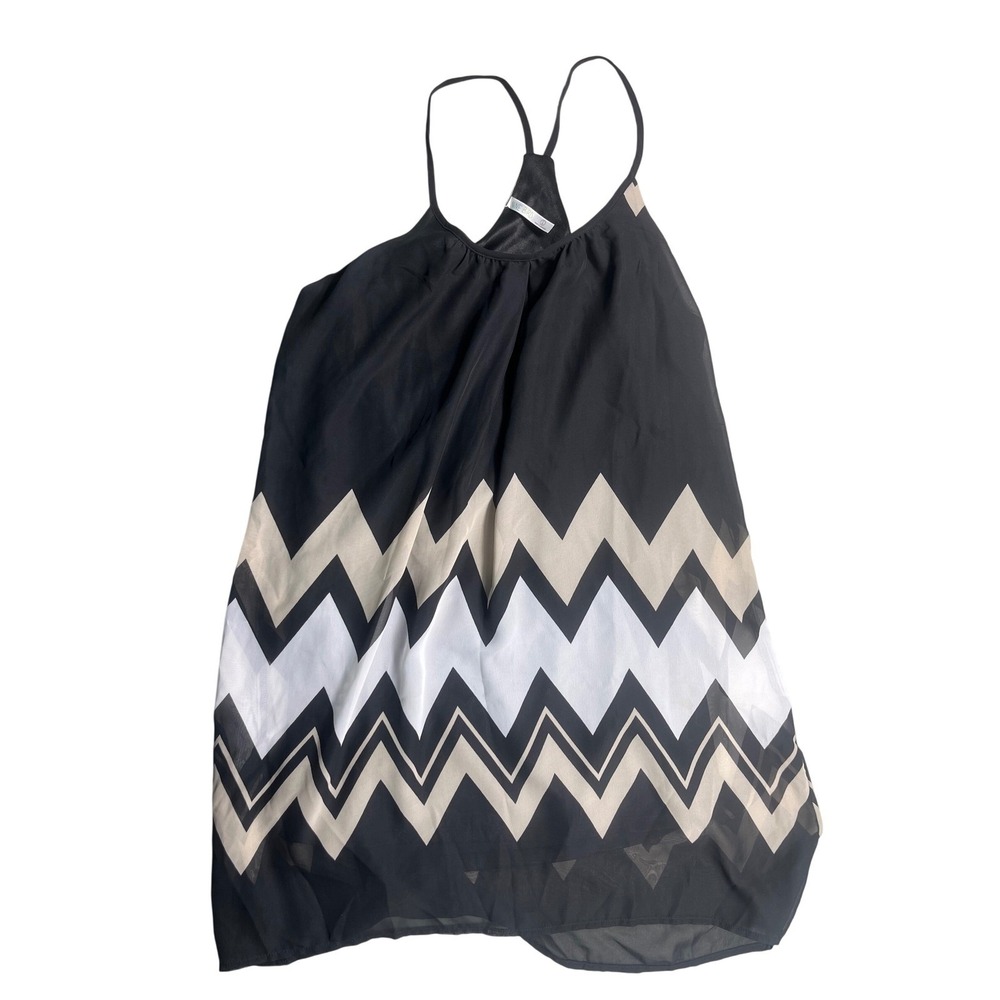 Nine Bird Womens Large Chevron Mini Dress Black Beige White Chiffon Racerback